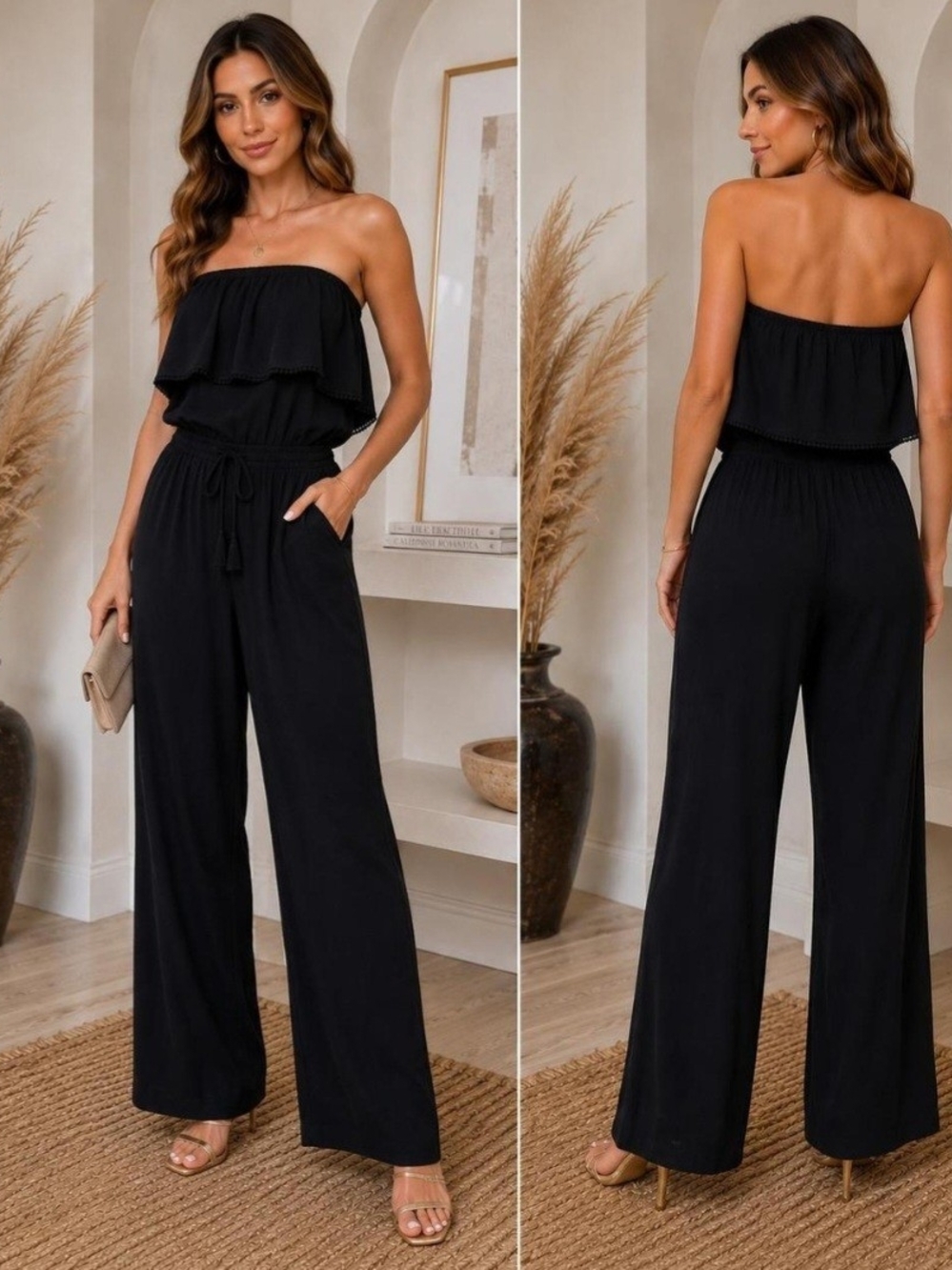 Victoria's Secret Black Strapless Ruffle Wide-Leg Jumpsuit